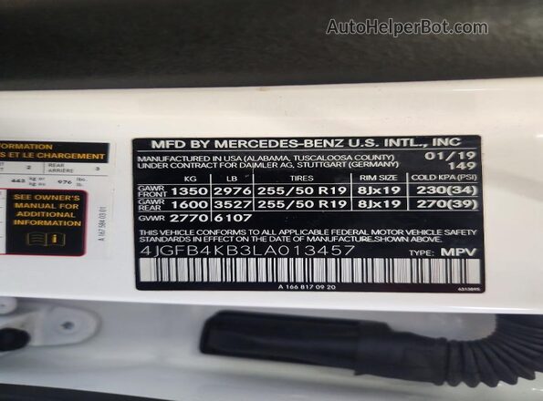 4JGFB4KB3LA013457 2020 MERCEDES-BENZ GLE White VIN sticker view