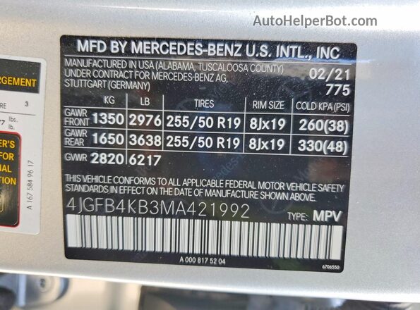 4JGFB4KB3MA421992 2021 MERCEDES-BENZ GLE Silver Widok naklejki z numerem VIN