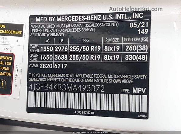 4JGFB4KB3MA493372 2021 MERCEDES-BENZ GLE 350 White Widok komory silnika
