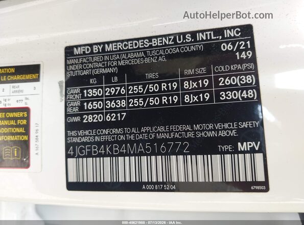 4JGFB4KB4MA516772 2021 MERCEDES-BENZ GLE 350 White Вид підкапотного простору