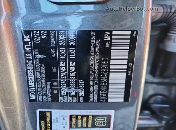 4JGFB4KB6NA689050 2022 MERCEDES-BENZ GLE Gray VIN sticker view