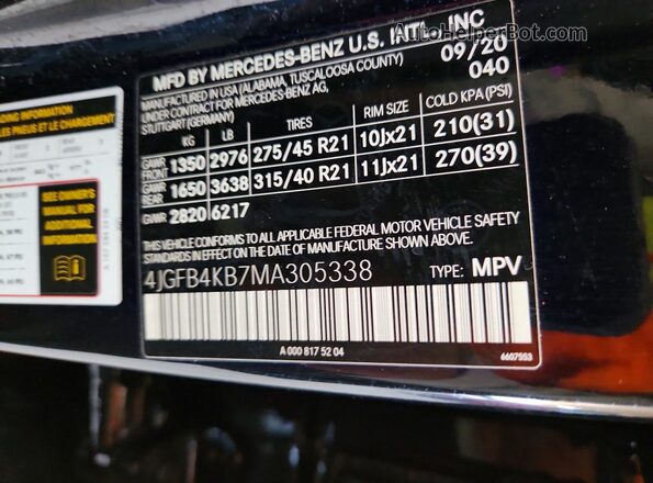 4JGFB4KB7MA305338 2021 MERCEDES-BENZ GLE Black VIN կոդի պիտակի տեսք