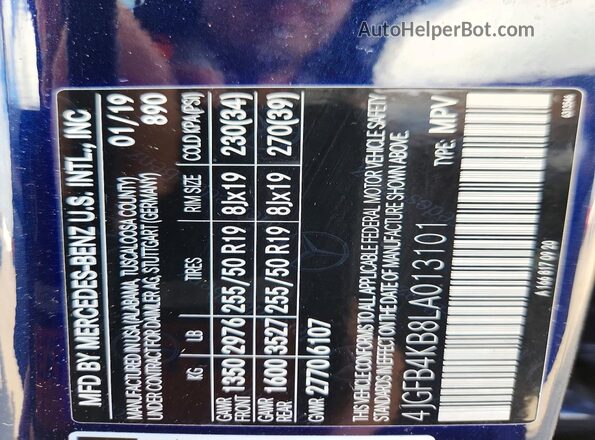 4JGFB4KB8LA013101 2020 MERCEDES-BENZ GLE Blue Widok naklejki z numerem VIN