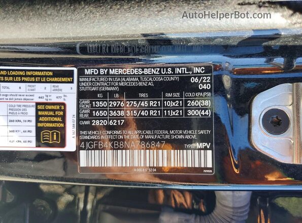 4JGFB4KB8NA786847 2022 MERCEDES-BENZ GLE Черный Вид наклейки с VIN-кодом