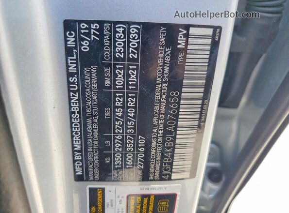 4JGFB4KB9LA076658 2020 MERCEDES-BENZ GLE Silver Widok naklejki z numerem VIN