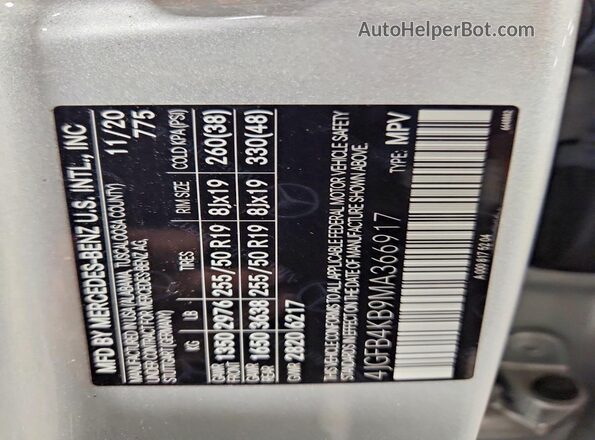 4JGFB4KB9MA366917 2021 MERCEDES-BENZ GLE Silver VIN sticker view