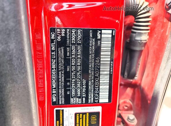 4JGFB4KBXLA072246 2020 MERCEDES-BENZ GLE Red VIN կոդի պիտակի տեսք