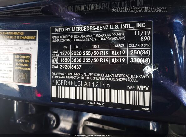 4JGFB4KE3LA142146 2020 MERCEDES-BENZ GLE 350 Blue ძრავის განყოფილების ხედი