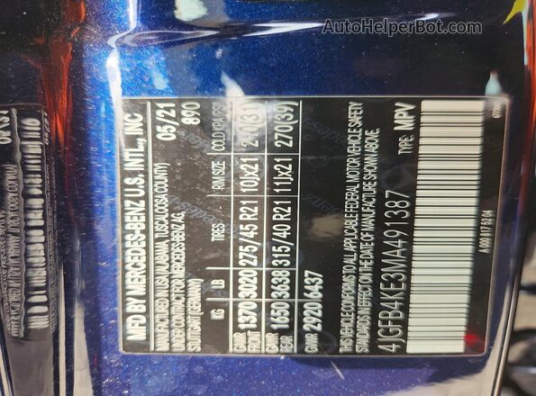 4JGFB4KE3MA491387 2021 MERCEDES-BENZ GLE Blue Widok naklejki z numerem VIN