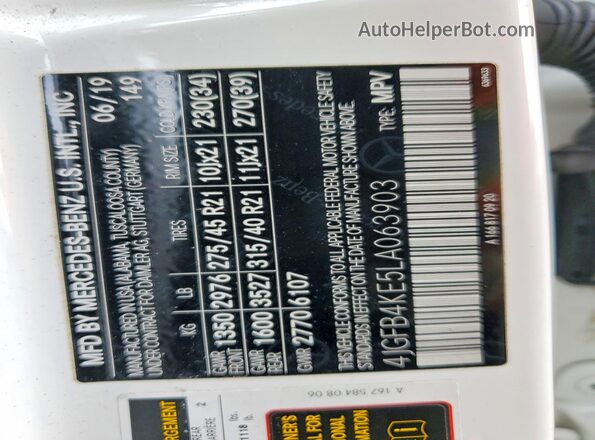 4JGFB4KE5LA063903 2020 MERCEDES-BENZ GLE White VIN sticker view