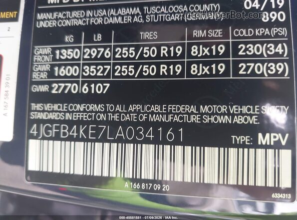 4JGFB4KE7LA034161 2020 MERCEDES-BENZ GLE 350 Blue Vista del compartimento del motor