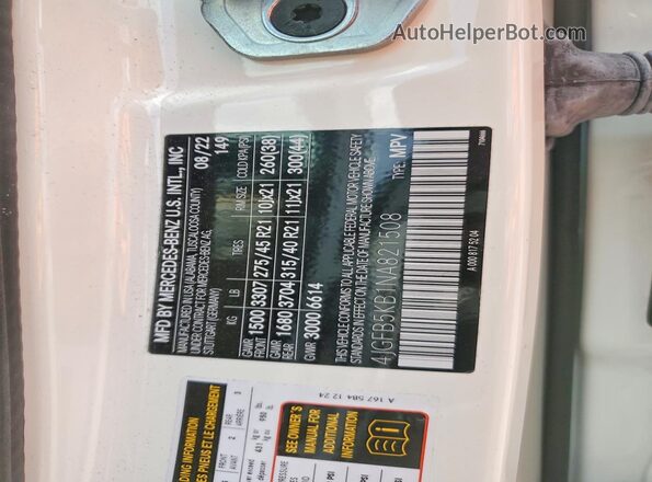 4JGFB5KB1NA821508 2022 MERCEDES-BENZ GLE Белый Вид наклейки с VIN-кодом