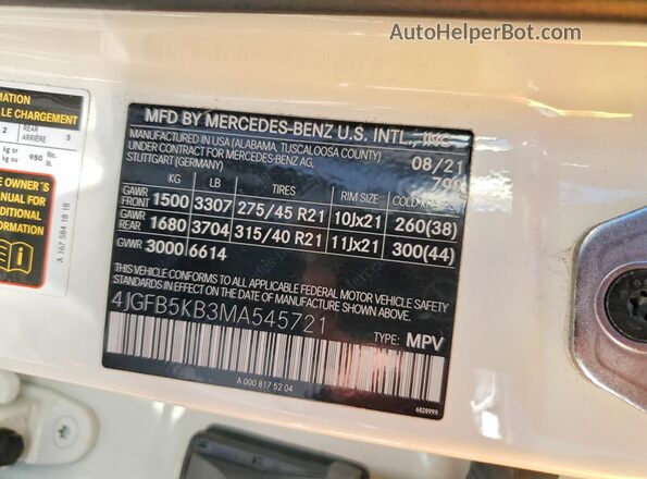 4JGFB5KB3MA545721 2021 MERCEDES-BENZ GLE White VIN sticker view