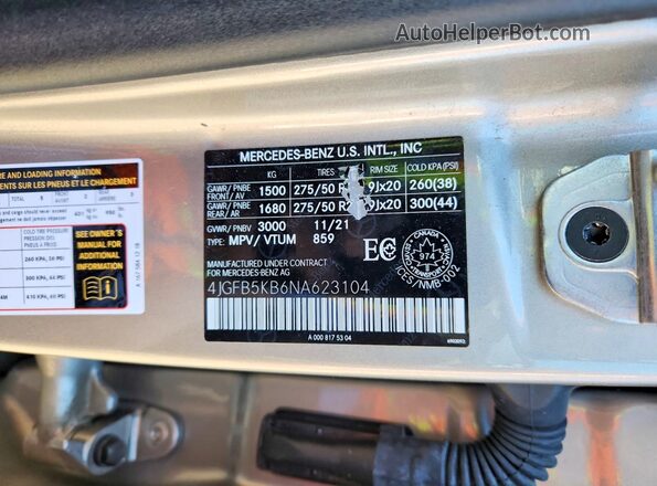 4JGFB5KB6NA623104 2022 MERCURY GLE450 Silver VIN կոդի պիտակի տեսք