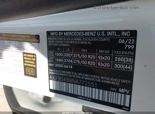 4JGFB5KB8NA772551 2022 MERCEDES-BENZ GLE 450 White ძრავის განყოფილების ხედი