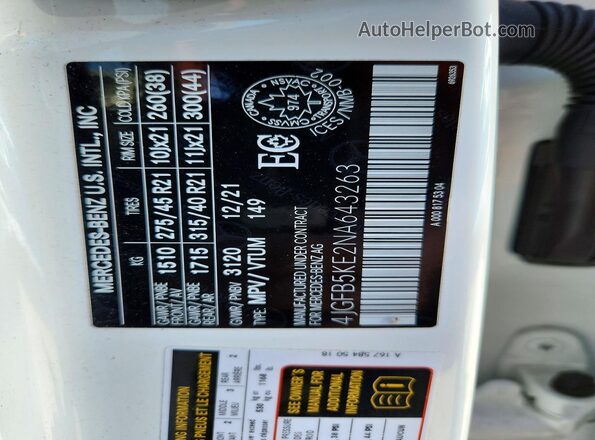 4JGFB5KE2NA643263 2022 MERCEDES-BENZ GLE White Vista de la etiqueta del VIN