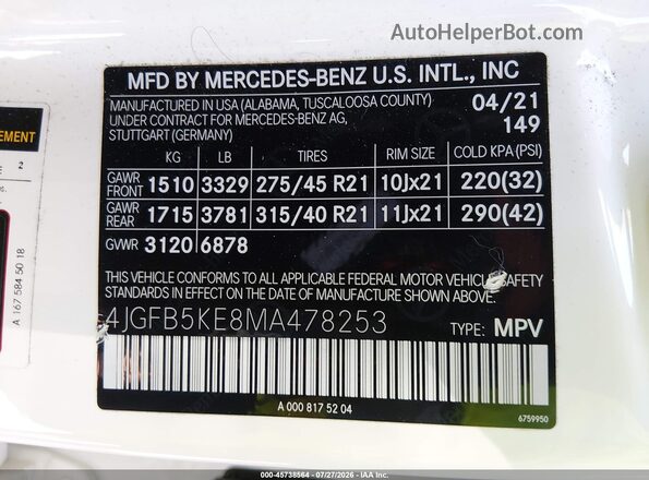 4JGFB5KE8MA478253 2021 MERCEDES-BENZ GLE 450 White Շարժիչի բաժամունքի տեսք