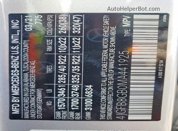 4JGFB8GB0MA441925 2021 MERCEDES-BENZ GLE Silver 360 interior view