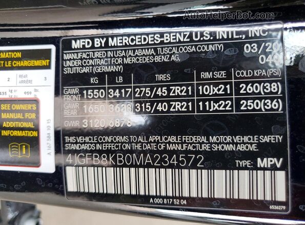 4JGFB8KB0MA234572 2021 MERCEDES-BENZ GLE Green Вид наклейки з VIN-кодом