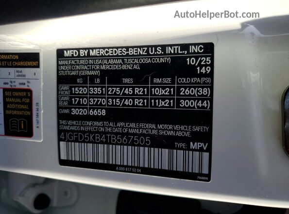 4JGFD5KB4TB567505 2026 MERCEDES-BENZ GLE White Вид наклейки з VIN-кодом