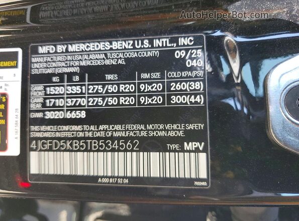 4JGFD5KB5TB534562 2026 MERCEDES-BENZ GLE Black VIN კოდის სტიკერის ხედი