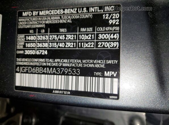 4JGFD6BB4MA379533 2021 MERCEDES-BENZ GLE Gray Вид наклейки з VIN-кодом