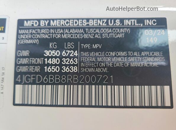 4JGFD6BB8RB200721 2024 MERCEDES-BENZ GLE White Вид наклейки з VIN-кодом