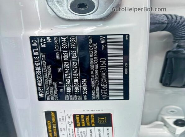 4JGFD6BBXMA531640 2021 MERCEDES-BENZ GLE White Widok naklejki z numerem VIN