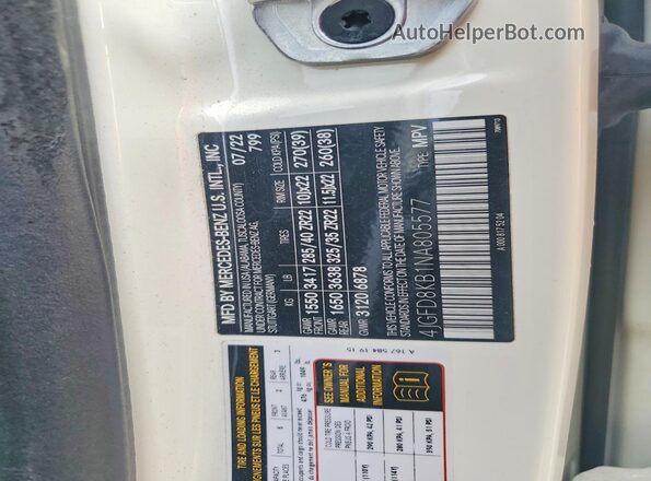 4JGFD8KB1NA805577 2022 MERCEDES-BENZ GLE White VIN კოდის სტიკერის ხედი