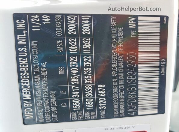 4JGFD8KB1SB342930 2025 MERCEDES-BENZ GLE White Widok naklejki z numerem VIN