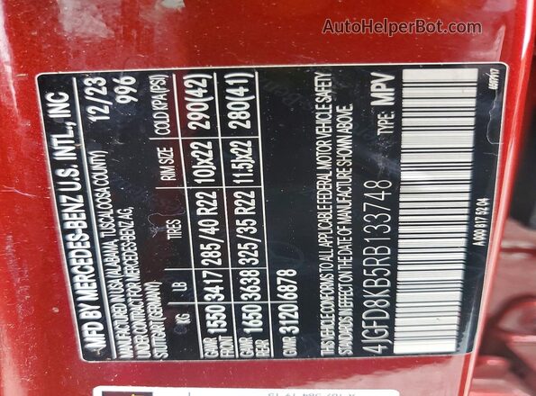 4JGFD8KB5RB133748 2024 MERCEDES-BENZ GLE Red Widok naklejki z numerem VIN
