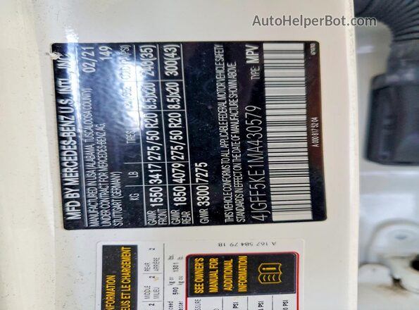 4JGFF5KE1MA430579 2021 MERCEDES-BENZ GLS White Vista de la etiqueta del VIN