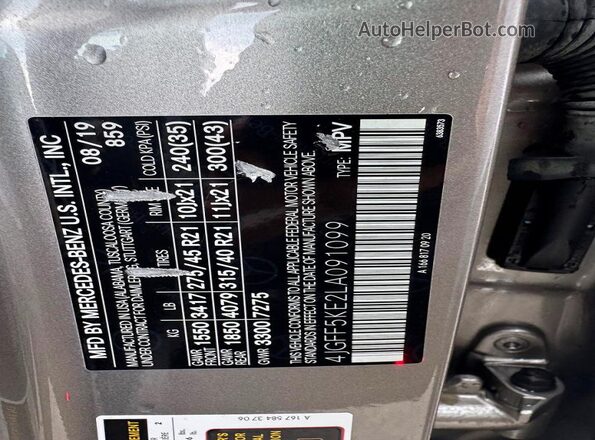 4JGFF5KE2LA091099 2020 MERCEDES-BENZ GLS Gray Вид наклейки з VIN-кодом