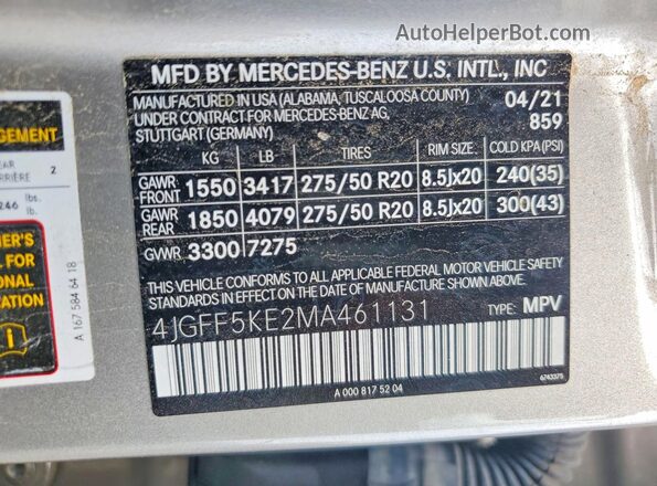 4JGFF5KE2MA461131 2021 MERCEDES-BENZ GLS Silver Widok naklejki z numerem VIN