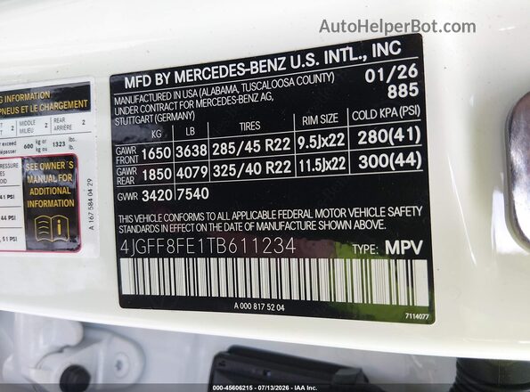 4JGFF8FE1TB611234 2026 MERCEDES-BENZ GLS 580 White Вид підкапотного простору