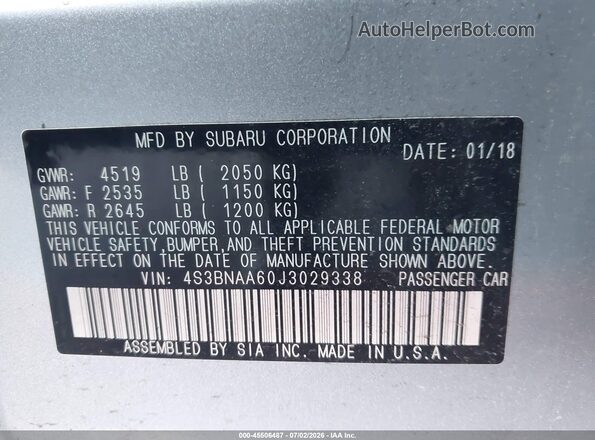 4S3BNAA60J3029338 2018 SUBARU LEGACY Серый Вид подкапотного пространства