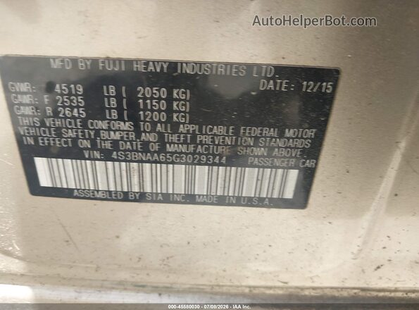 4S3BNAA65G3029344 2016 SUBARU LEGACY Gold Շարժիչի բաժամունքի տեսք