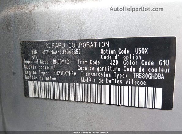 4S3BNAA65J3045650 2018 SUBARU LEGACY Silver Вид підкапотного простору