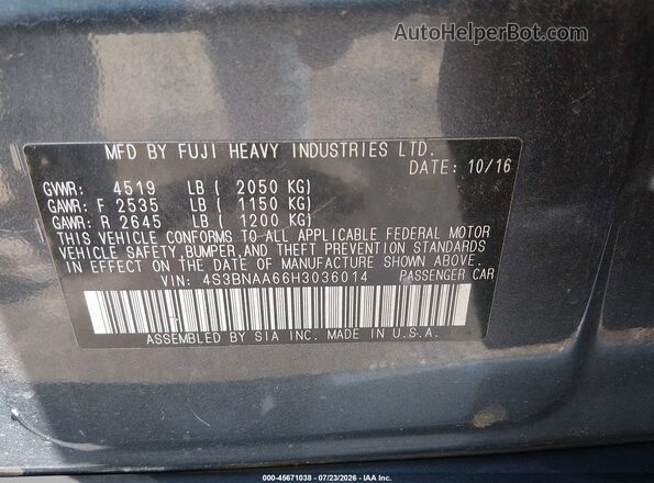 4S3BNAA66H3036014 2017 SUBARU LEGACY Gray Вид підкапотного простору