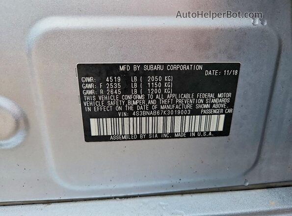 4S3BNAB67K3019003 2019 SUBARU LEGACY Silver ძრავის განყოფილების ხედი