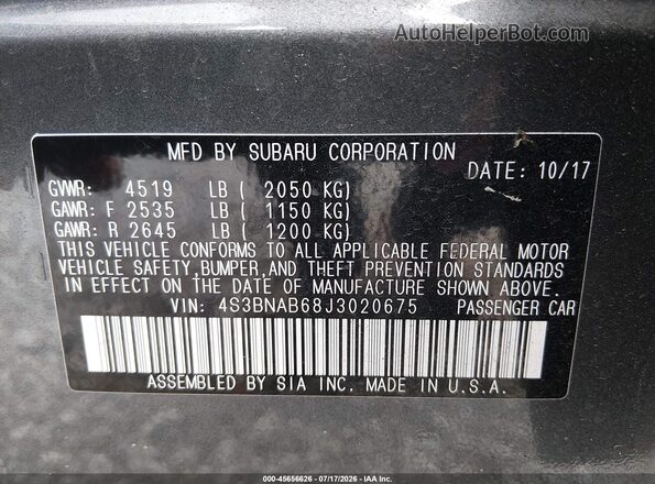 4S3BNAB68J3020675 2018 SUBARU LEGACY Gray Widok komory silnika