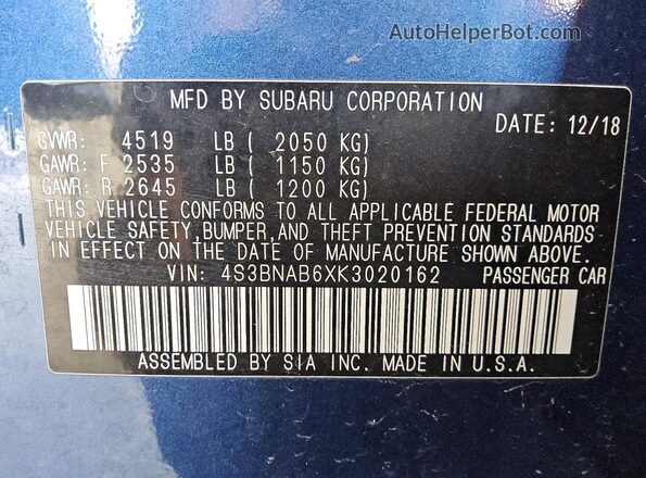 4S3BNAB6XK3020162 2019 SUBARU LEGACY Blue Widok komory silnika