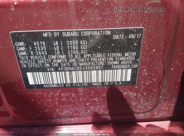 4S3BNAC60J3005957 2018 SUBARU LEGACY Red ძრავის განყოფილების ხედი