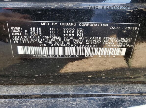 4S3BNAC60J3035296 2018 SUBARU LEGACY Black VIN კოდის სტიკერის ხედი