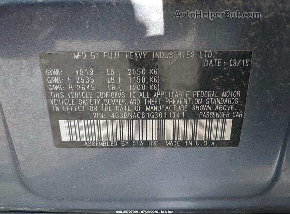 4S3BNAC61G3011341 2016 SUBARU LEGACY Light Blue Вид подкапотного пространства