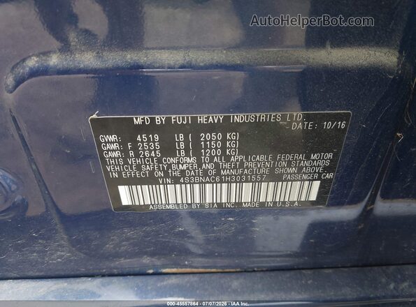 4S3BNAC61H3031557 2017 SUBARU LEGACY Blue ძრავის განყოფილების ხედი