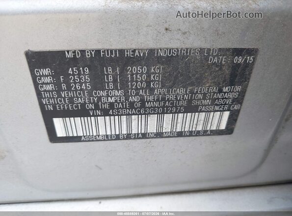 4S3BNAC63G3012975 2016 SUBARU LEGACY Silver Engine compartment view