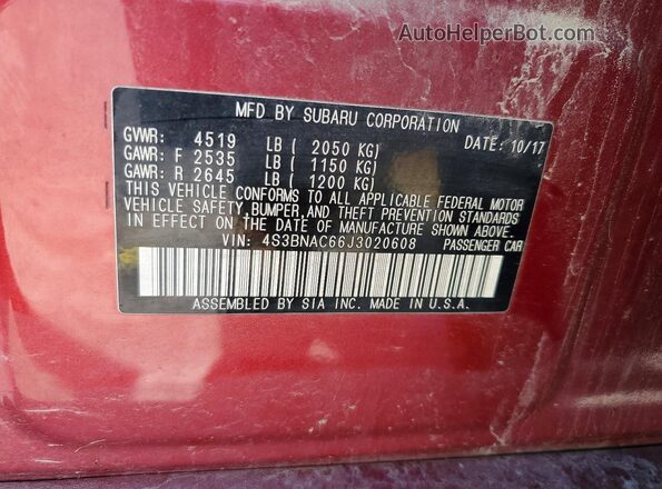 4S3BNAC66J3020608 2018 SUBARU LEGACY Red Widok komory silnika