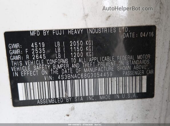 4S3BNAC68G3054459 2016 SUBARU LEGACY White Շարժիչի բաժամունքի տեսք