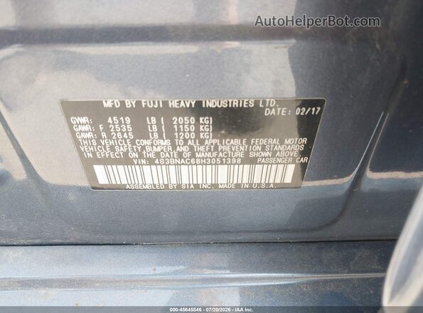4S3BNAC68H3051398 2017 SUBARU LEGACY Blue Widok komory silnika
